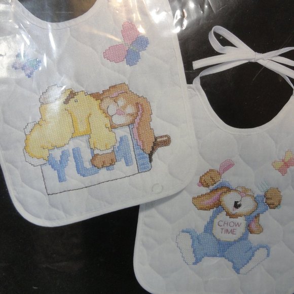 Janlynn Sleepy Bunnies Bibs set 2 Open package Cross stitch kit~Baby bib~Cute - Picture 2 of 3